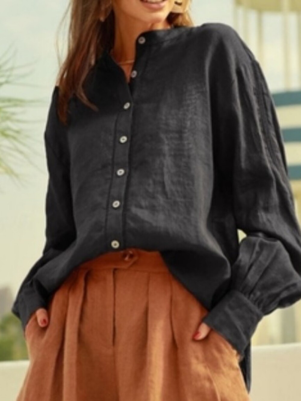 NWT - Flax-Linen Frieeah Boutique Black Button-Up Shirt - Size XL
